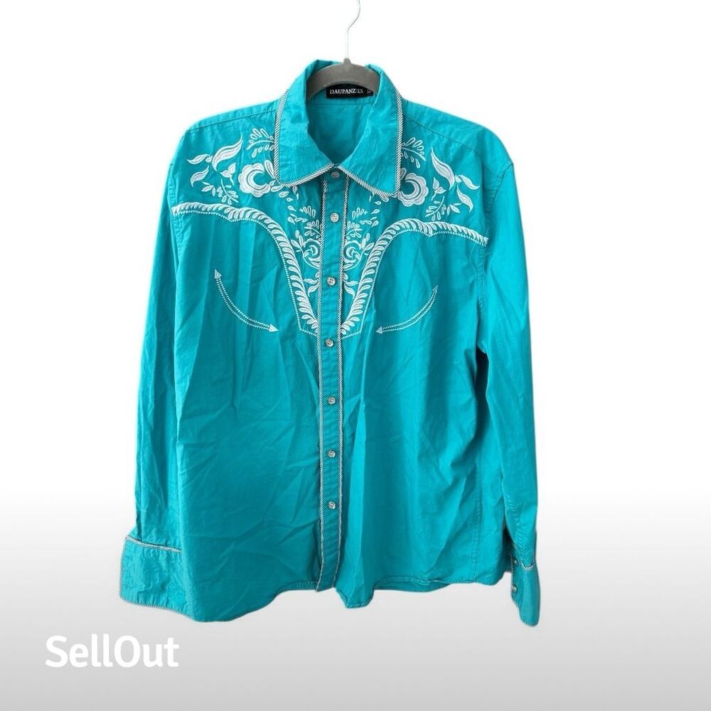 Blue Western Embroidered Dress Shirt Men’s Size XL